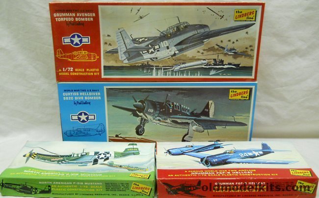 Lindberg 1/72 482-75 P-51B Mustang / 479-100 Curtiss SB2C Helldiver / 480-100 Grumman Avenger / 484-78 Grumman F6F Hellcat plastic model kit